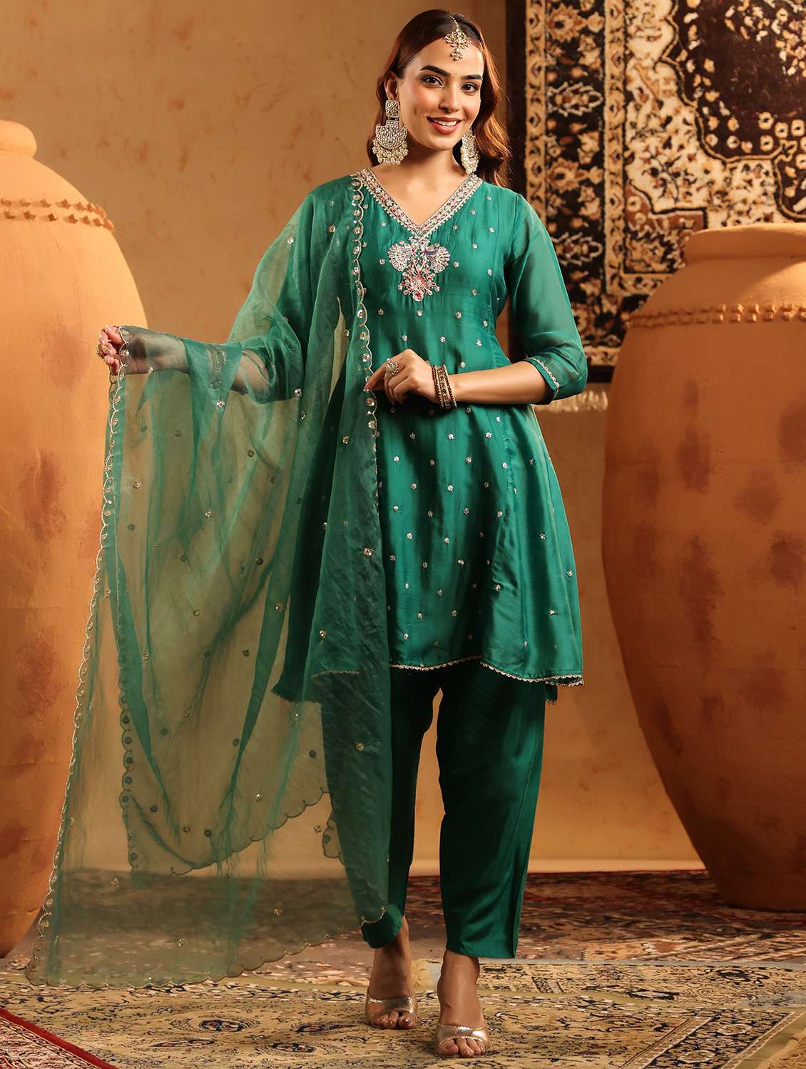 women solid with work three quarter sleeve kurta salwar with dupatta set