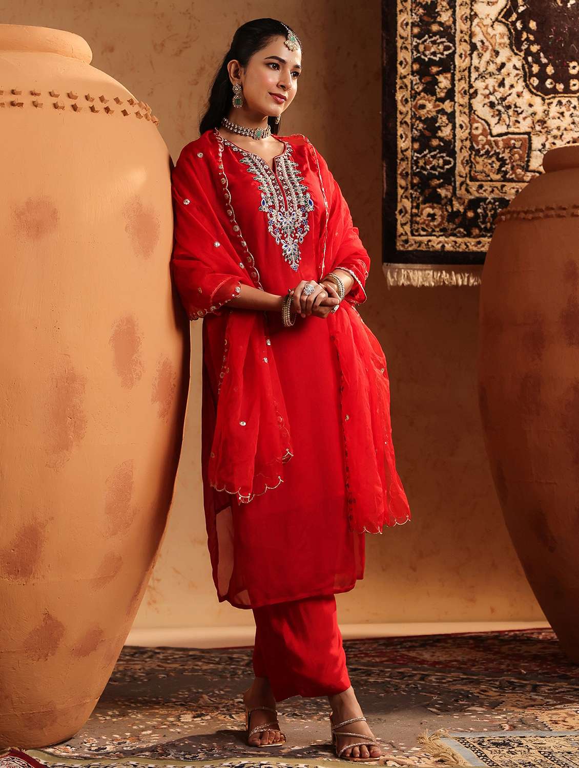 women embroidered three quarter sleeve kurta pant with dupatta set - 22142295 -  Standard Image - 2