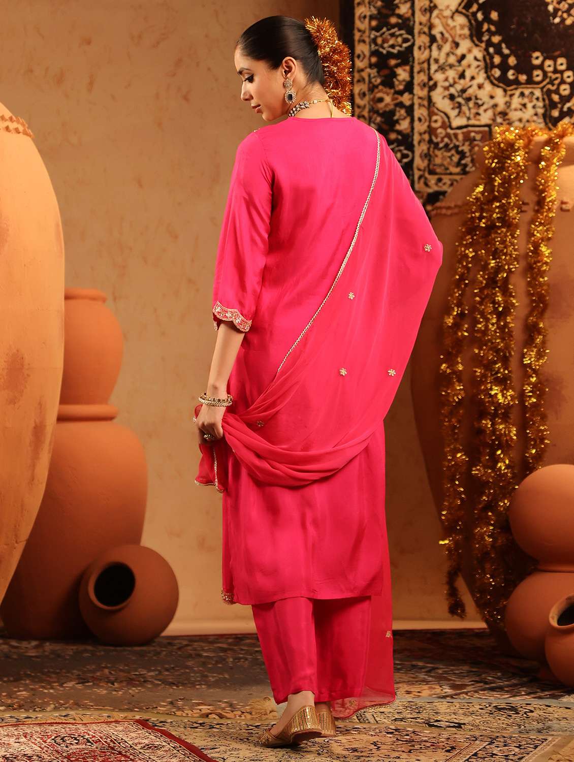 women embroidered three quarter sleeve kurta pant with dupatta set - 22142296 -  Standard Image - 2