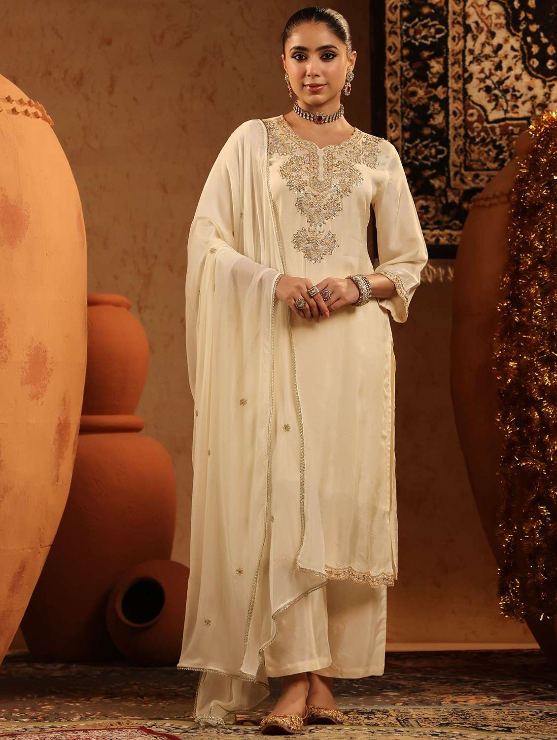 women embroidered three quarter sleeve kurta pant with dupatta set