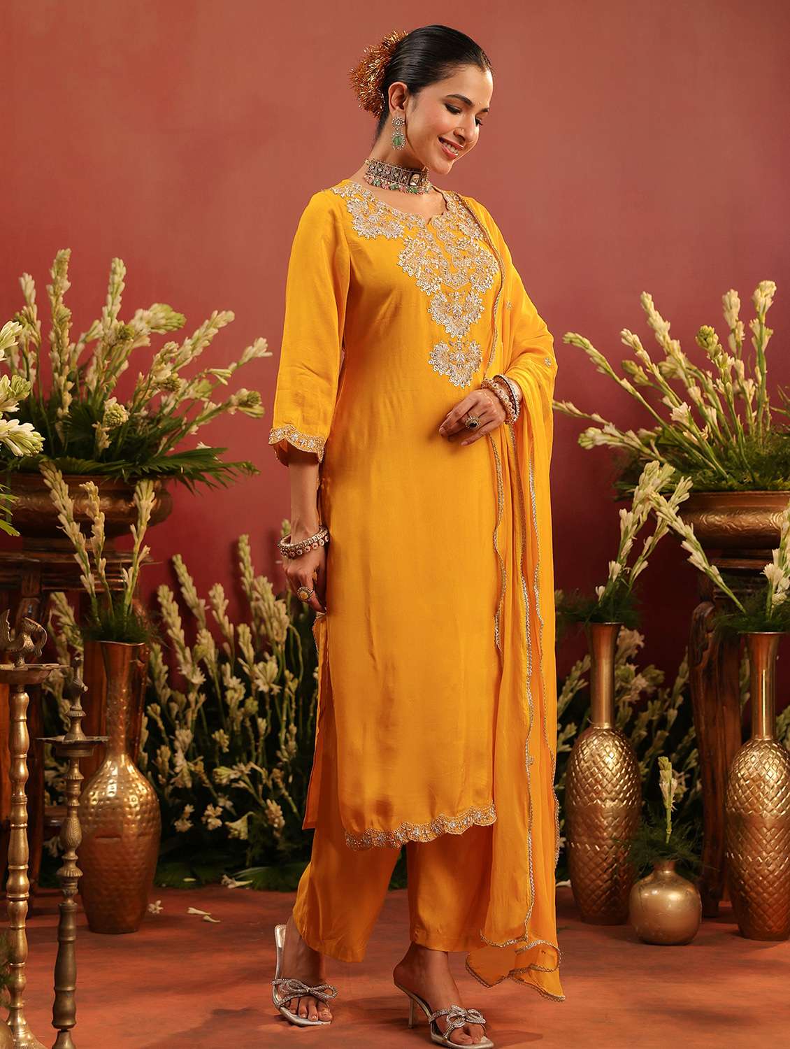 women embroidered three quarter sleeve kurta pant with dupatta set - 22142298 -  Standard Image - 2
