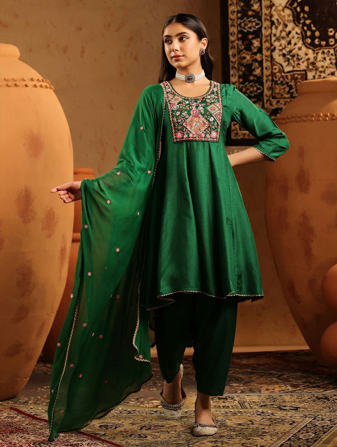 women solid with work three quarter sleeve kurta salwar with dupatta set - 22142300 -  Standard Image - 2