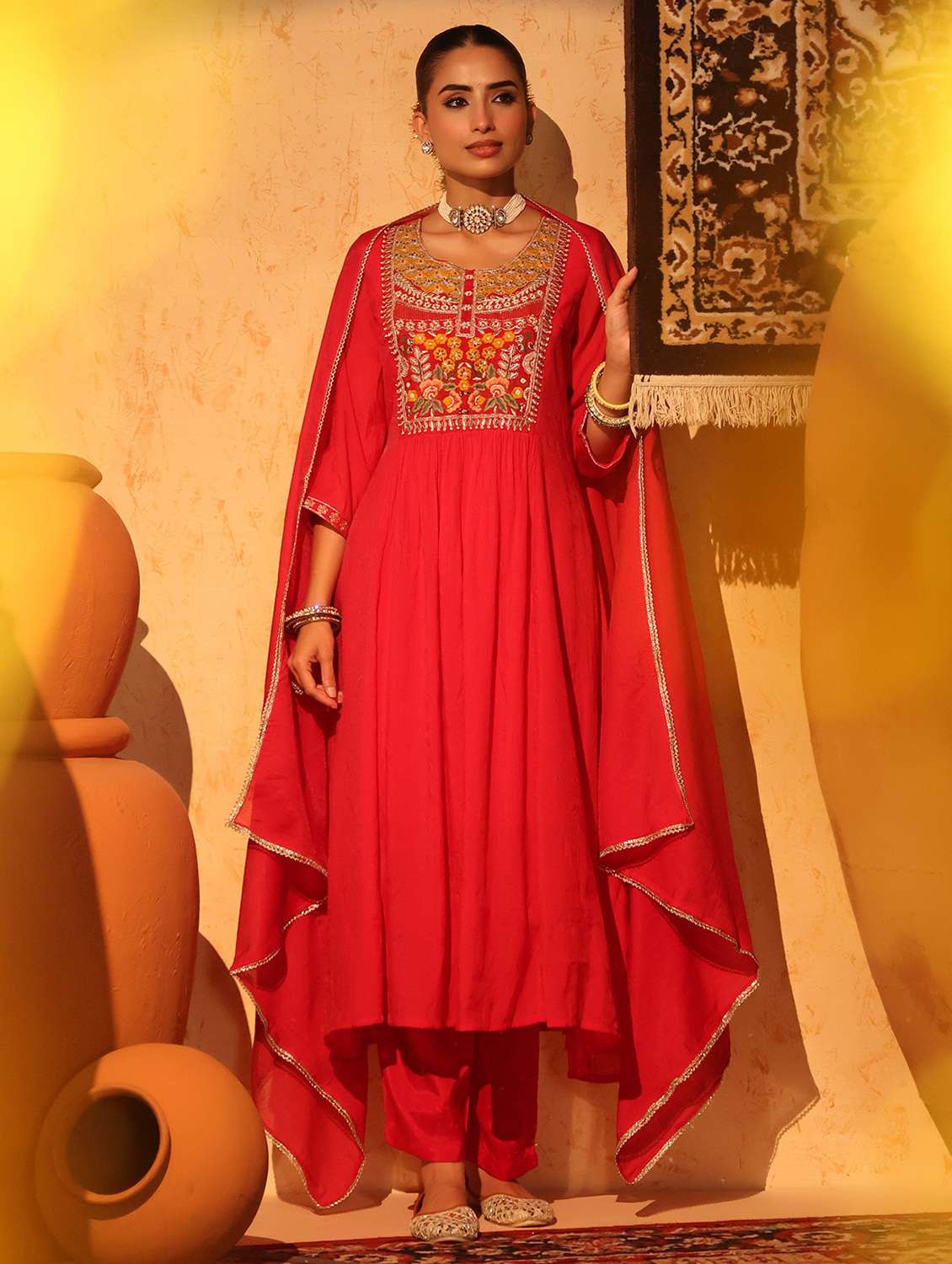 women embroidered three quarter sleeve kurta pant with dupatta set - 22142304 -  Standard Image - 2