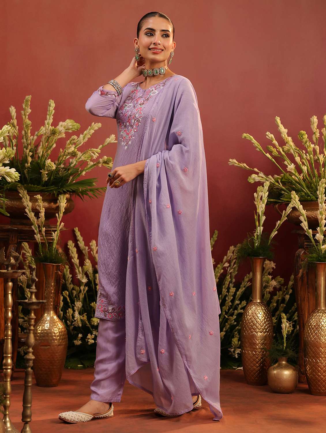 women embroidered three quarter sleeve kurta pant with dupatta set - 22142305 -  Standard Image - 2