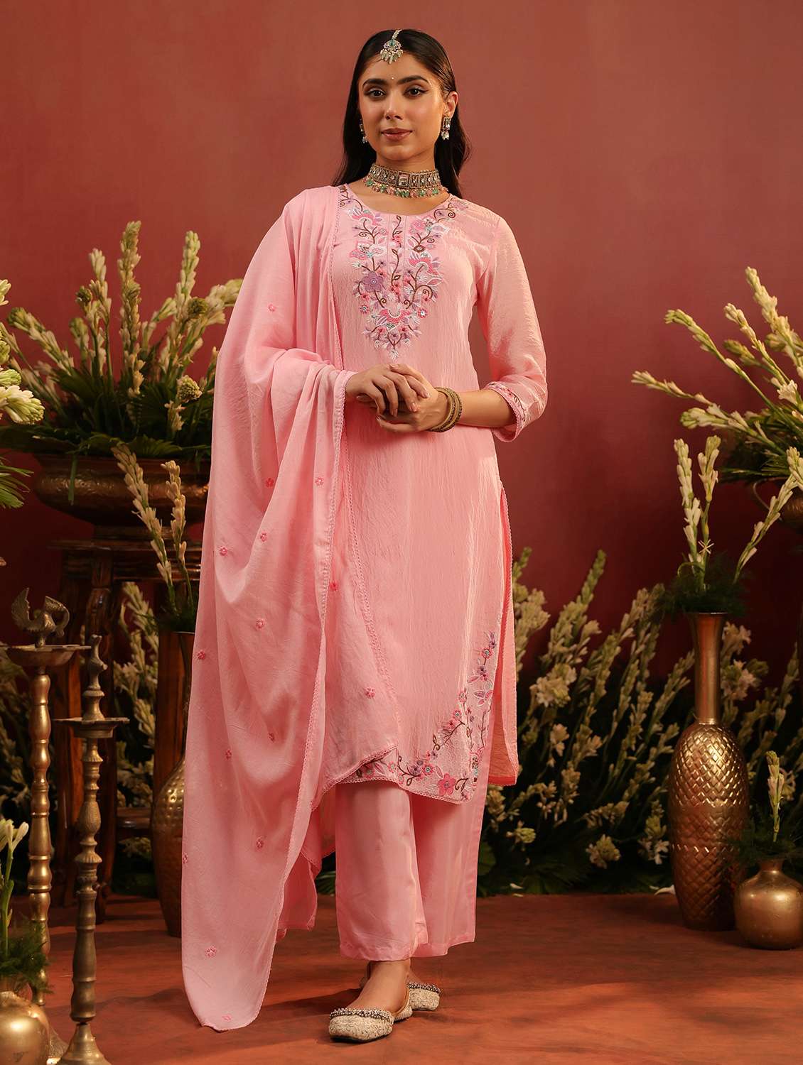women embroidered three quarter sleeve kurta pant with dupatta set