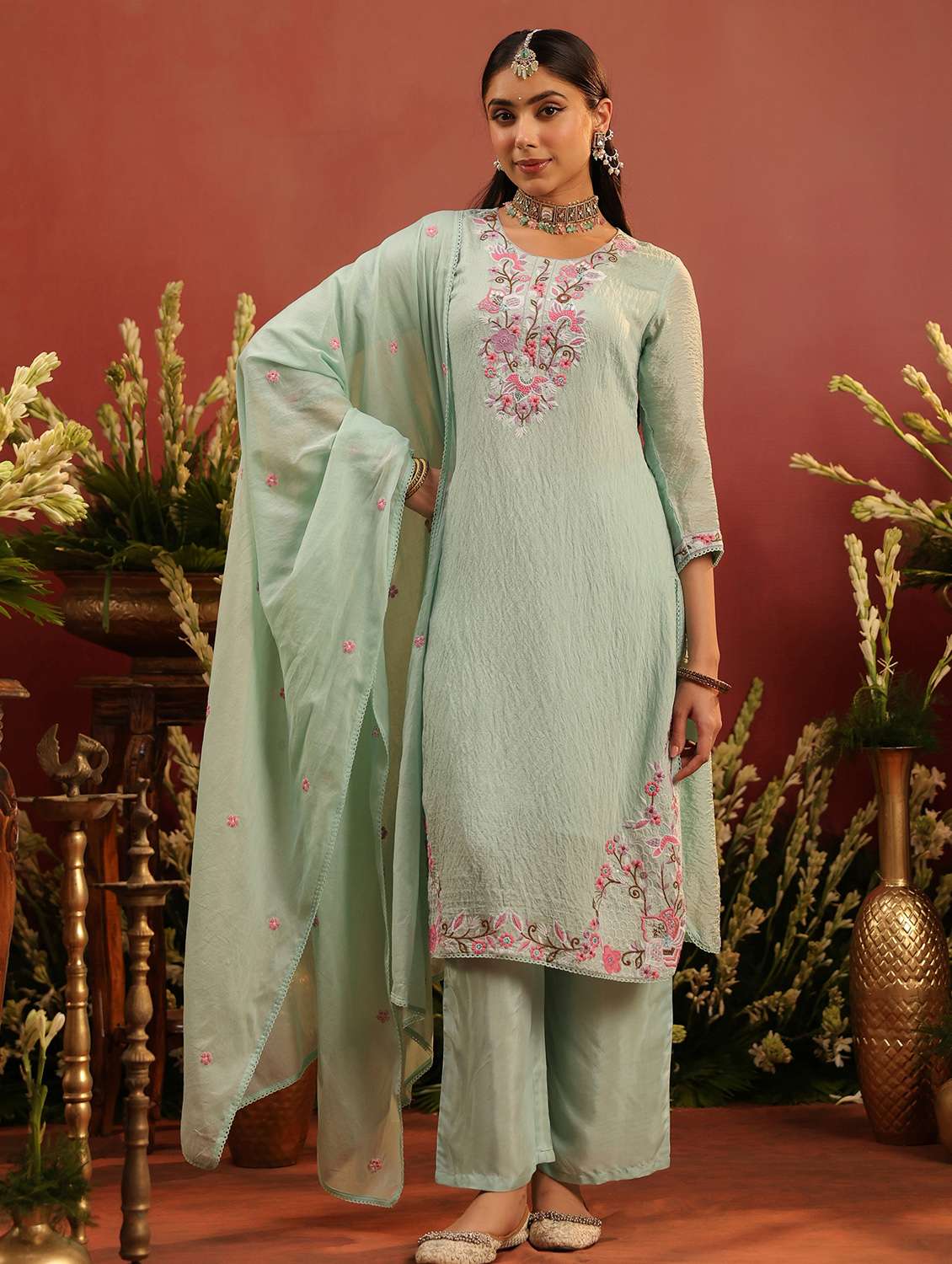 women embroidered three quarter sleeve kurta pant with dupatta set