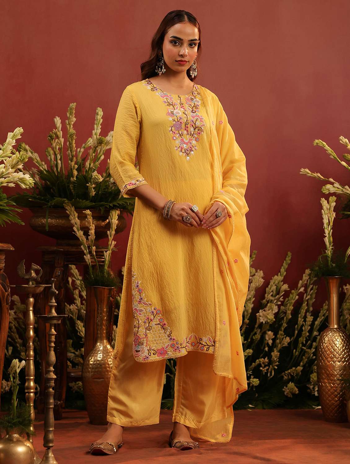women embroidered three quarter sleeve kurta pant with dupatta set - 22142308 -  Standard Image - 2