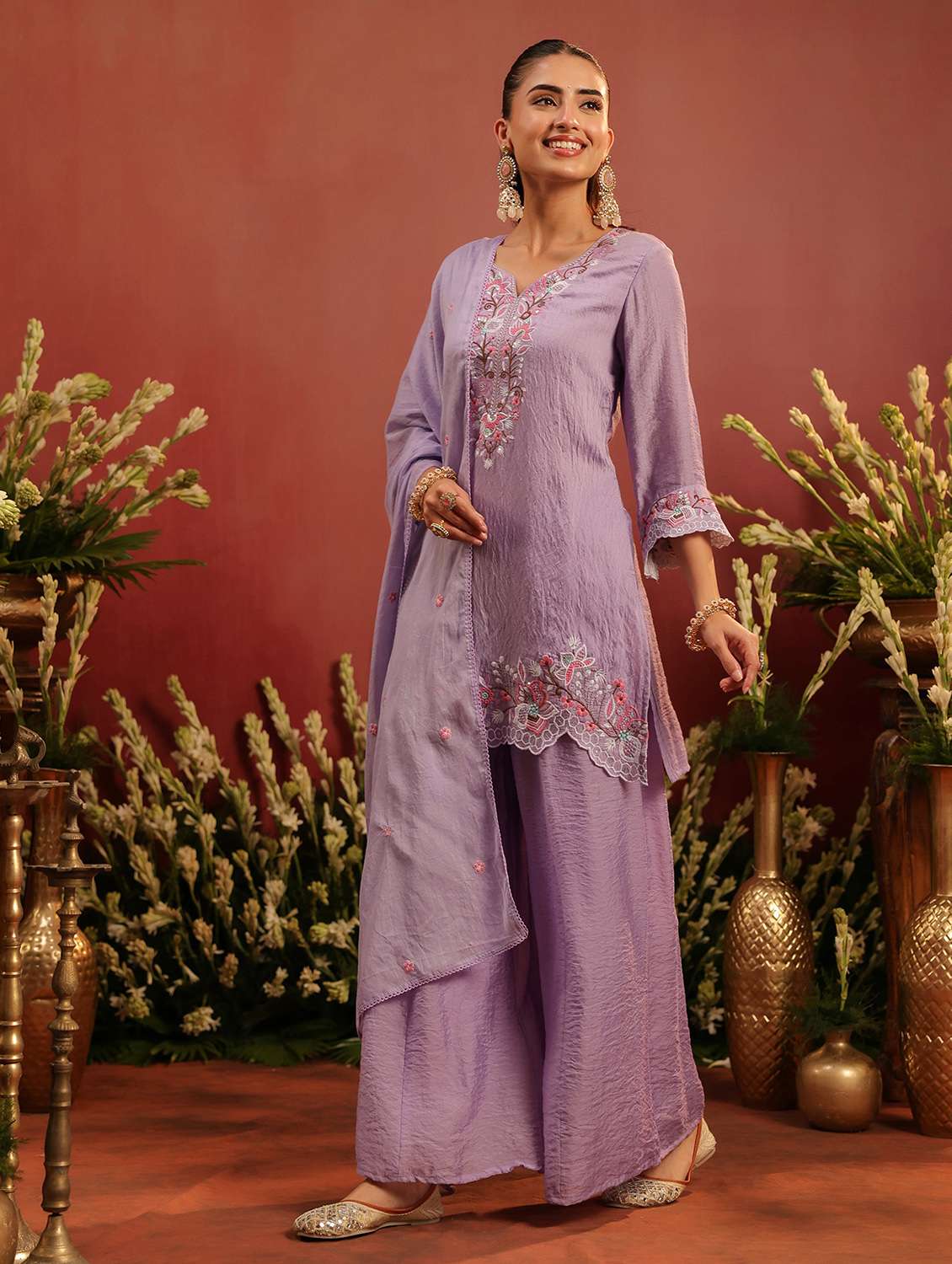 women embroidered three quarter sleeve kurta palazzo with dupatta set - 22142313 - Standard Image - 2