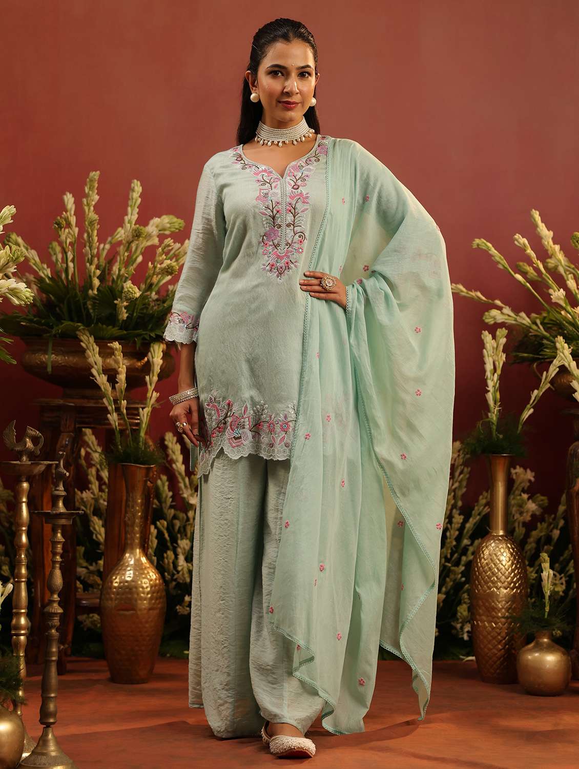 women embroidered three quarter sleeve kurta palazzo with dupatta set