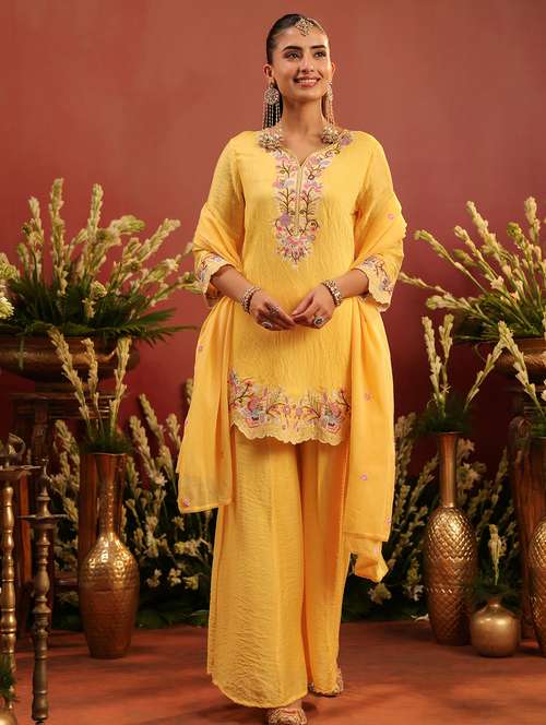 women embroidered three quarter sleeve kurta palazzo with dupatta set - 22142316 -  Standard Image - 0