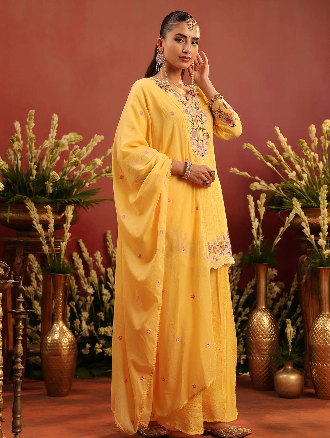 women embroidered three quarter sleeve kurta palazzo with dupatta set - 22142316 -  Standard Image - 2