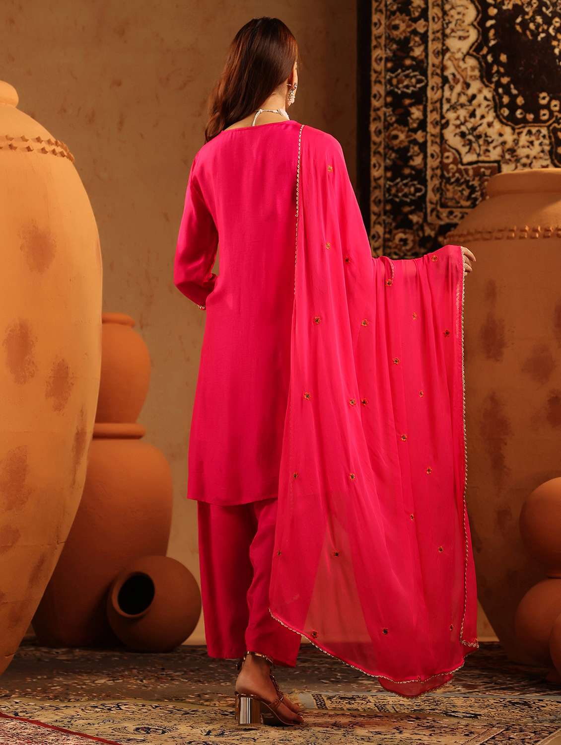 women solid with work three quarter sleeve kurta salwar with dupatta set - 22142319 - Standard Image - 2