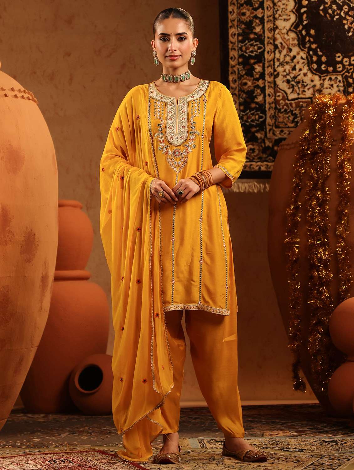 women solid with work three quarter sleeve kurta salwar with dupatta set