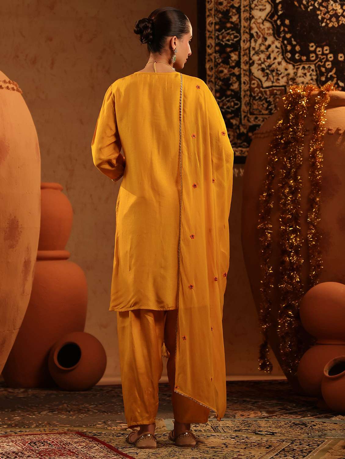 women solid with work three quarter sleeve kurta salwar with dupatta set - 22142320 - Standard Image - 2