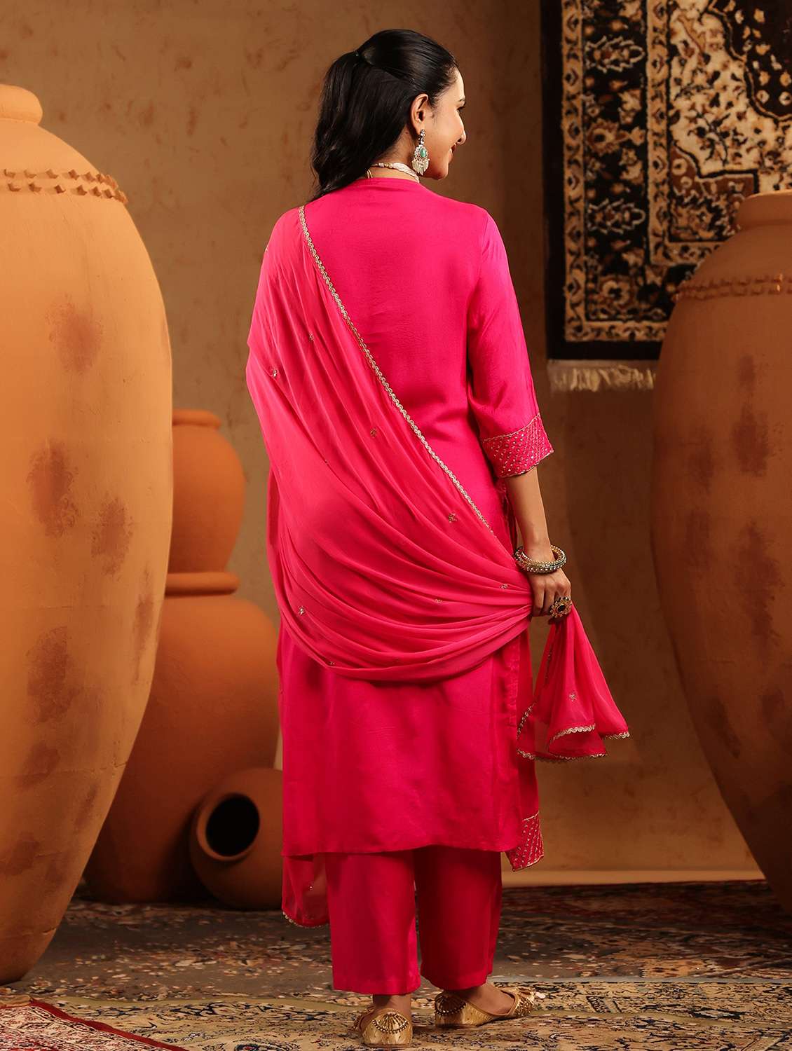 women embroidered three quarter sleeve kurta pant with dupatta set - 22142321 -  Standard Image - 2
