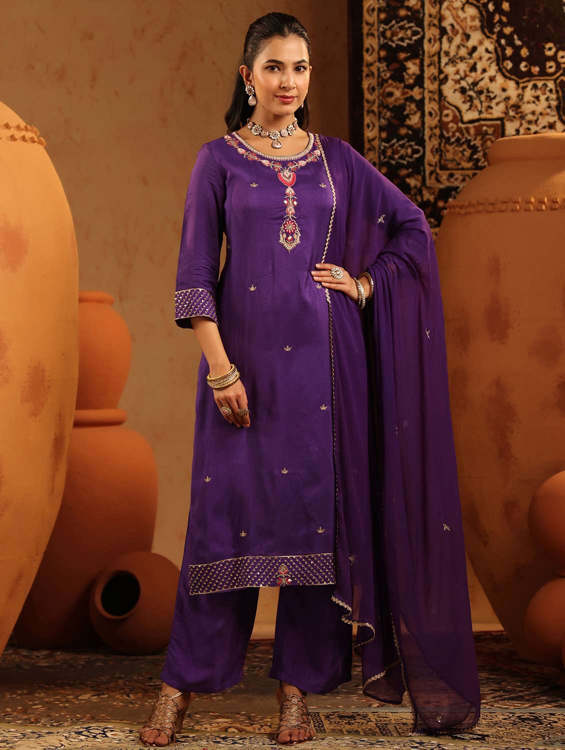 women embroidered three quarter sleeve kurta pant with dupatta set