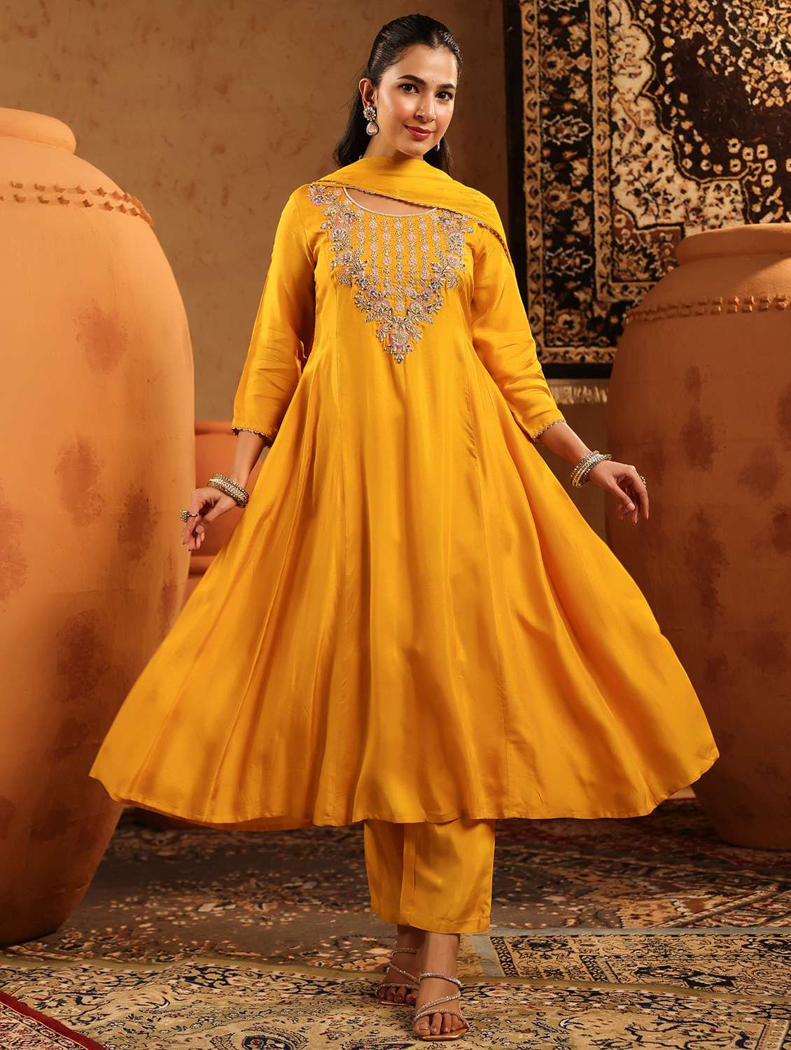 women embroidered three quarter sleeve kurta pant with dupatta set