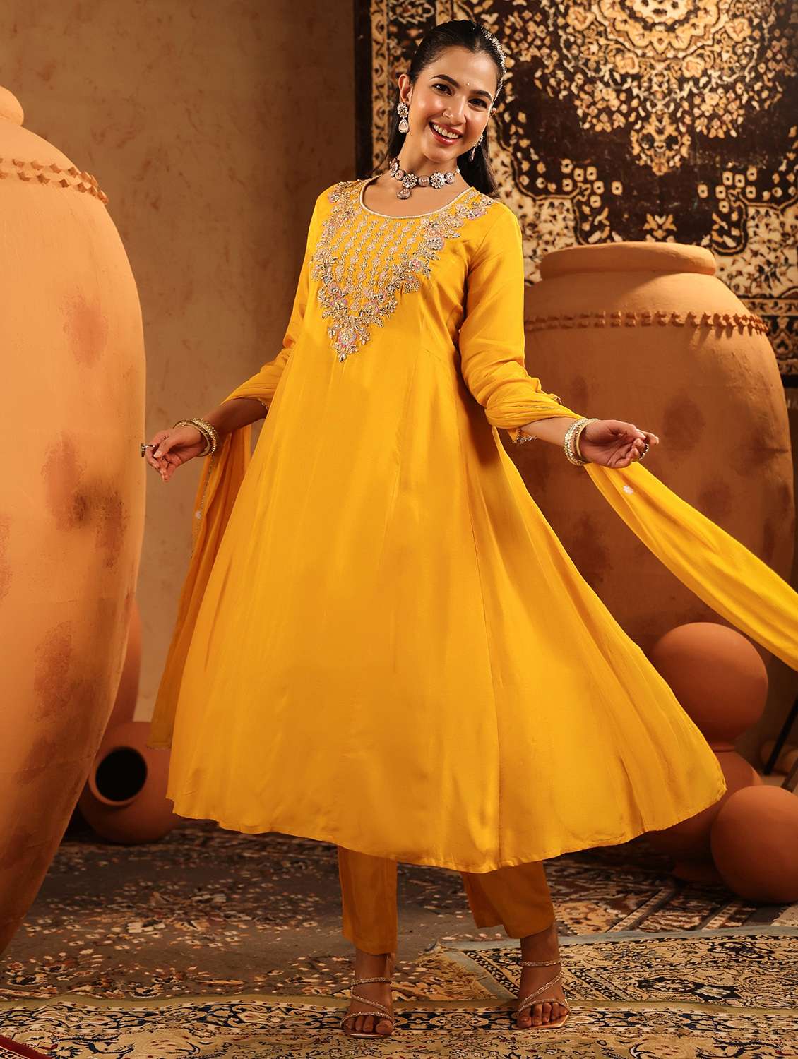 women embroidered three quarter sleeve kurta pant with dupatta set - 22142323 -  Standard Image - 2