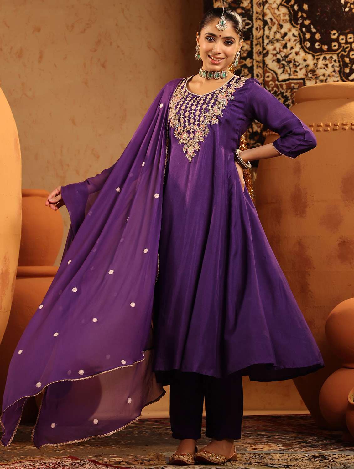 women embroidered three quarter sleeve kurta pant with dupatta set - 22142324 -  Standard Image - 2