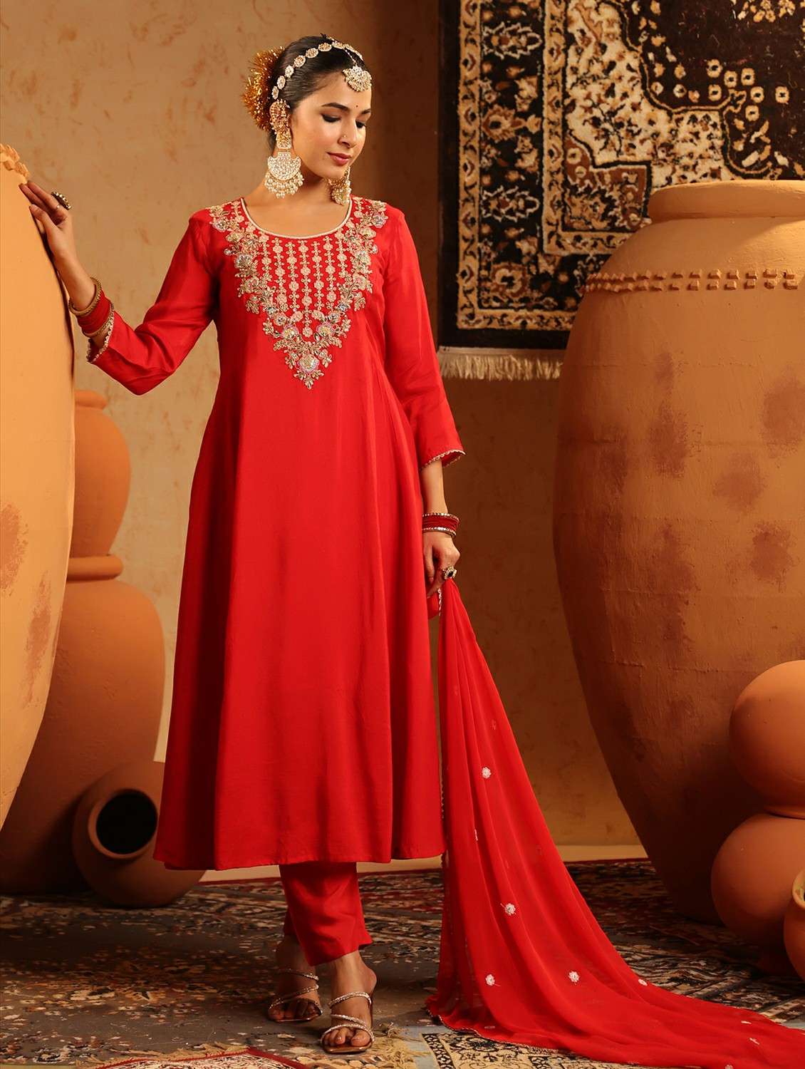 women embroidered three quarter sleeve kurta pant with dupatta set - 22142325 -  Standard Image - 2
