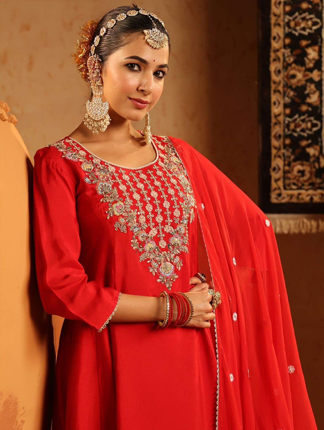 women embroidered three quarter sleeve kurta pant with dupatta set - 22142325 -  Standard Image - 7