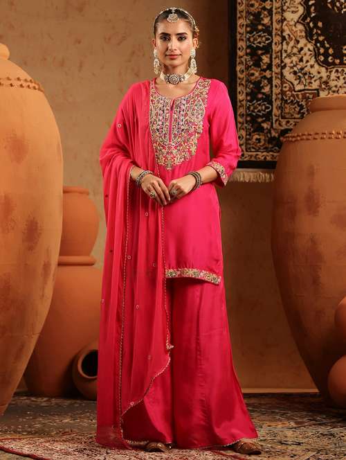 women embroidered three quarter sleeve kurta sharara with dupatta set - 22142326 -  Standard Image - 0