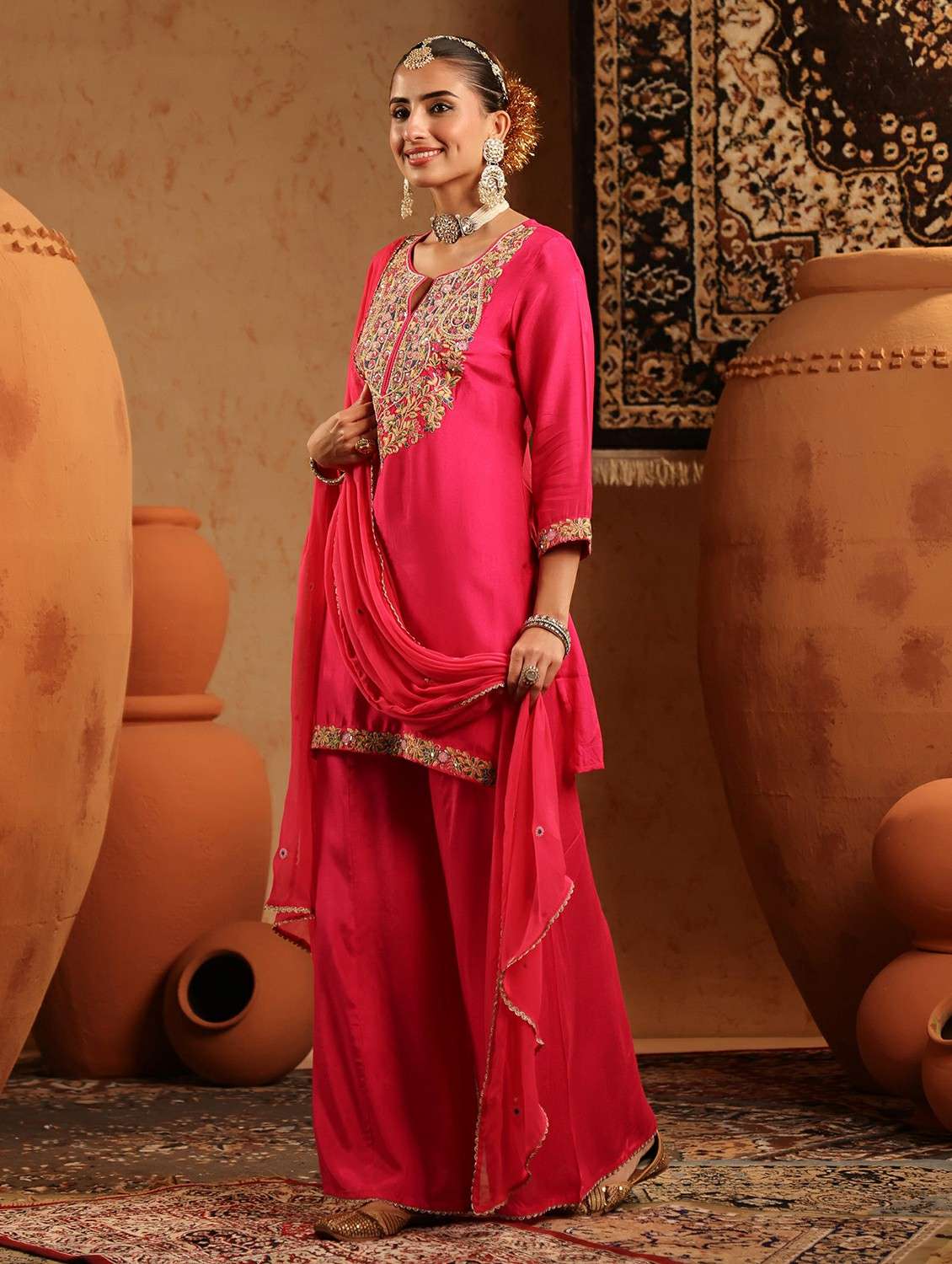 women embroidered three quarter sleeve kurta sharara with dupatta set - 22142326 -  Standard Image - 2