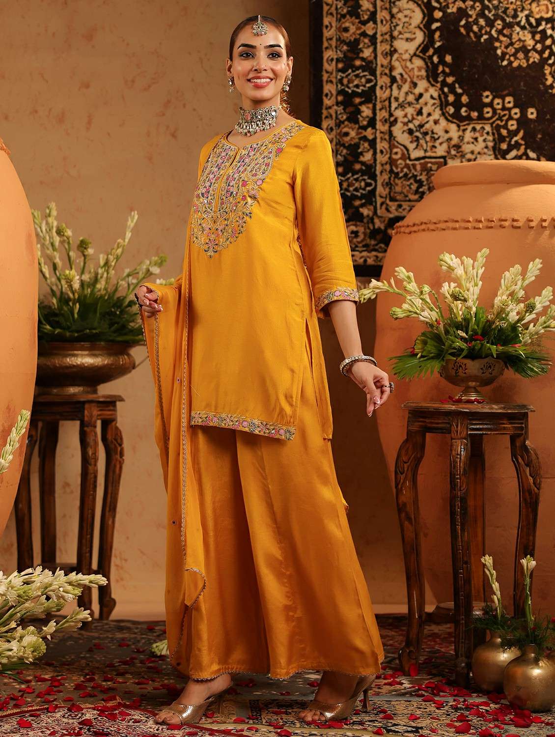 women embroidered three quarter sleeve kurta sharara with dupatta set - 22142327 -  Standard Image - 2