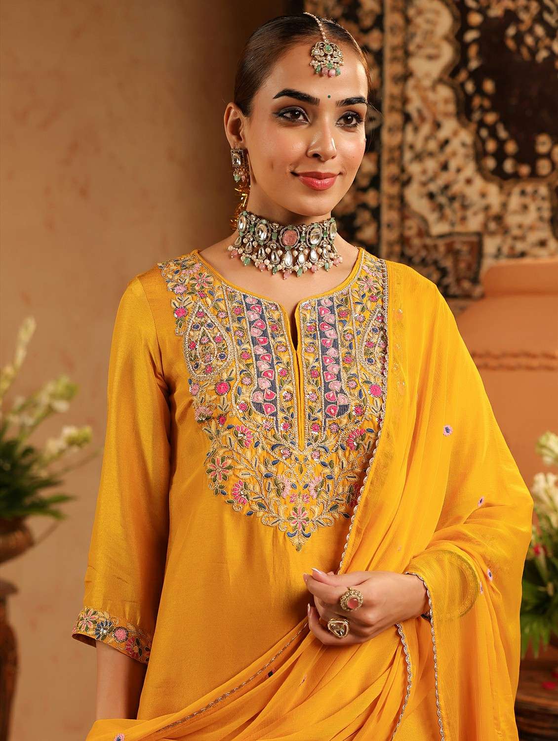 women embroidered three quarter sleeve kurta sharara with dupatta set - 22142327 -  Standard Image - 7