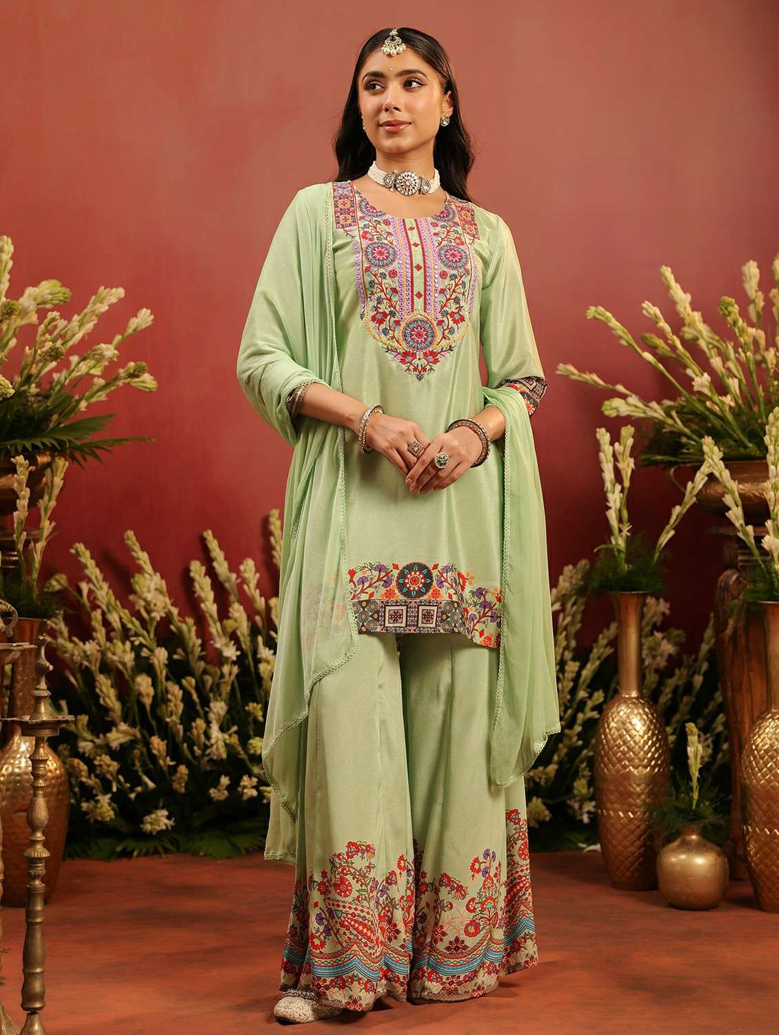 women embroidered three quarter sleeve kurta sharara with dupatta set
