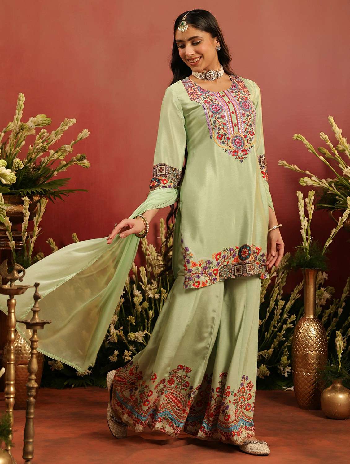 women embroidered three quarter sleeve kurta sharara with dupatta set - 22142328 - Standard Image - 2