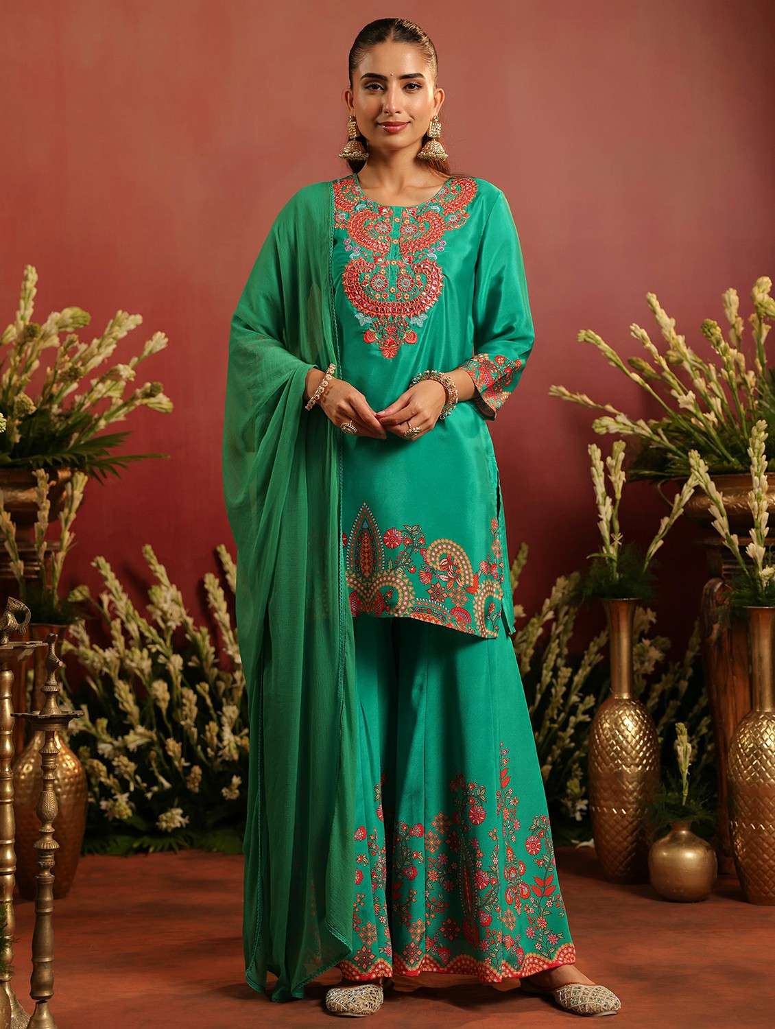 women embroidered three quarter sleeve kurta sharara with dupatta set