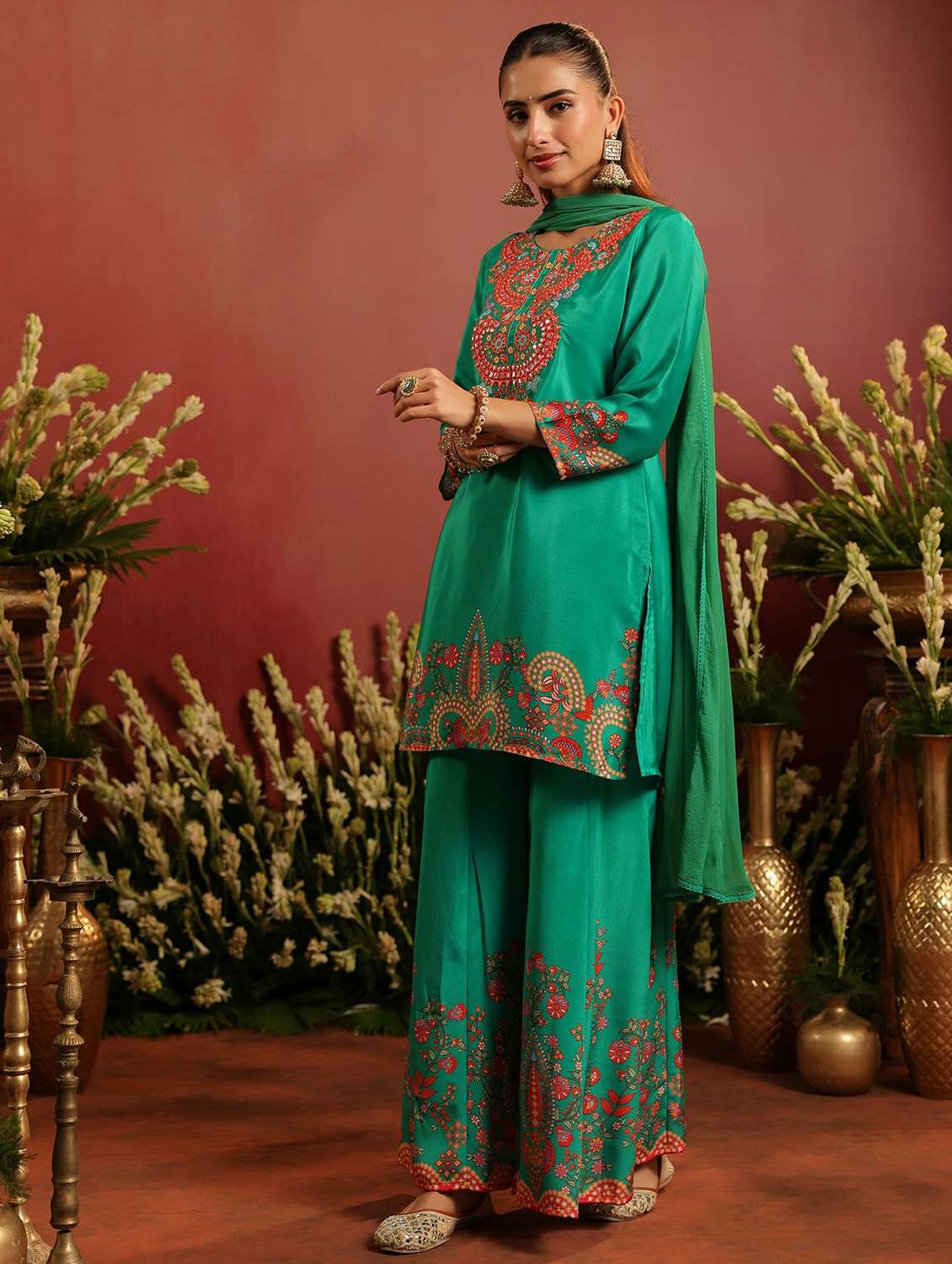 women embroidered three quarter sleeve kurta sharara with dupatta set - 22142329 - Standard Image - 2