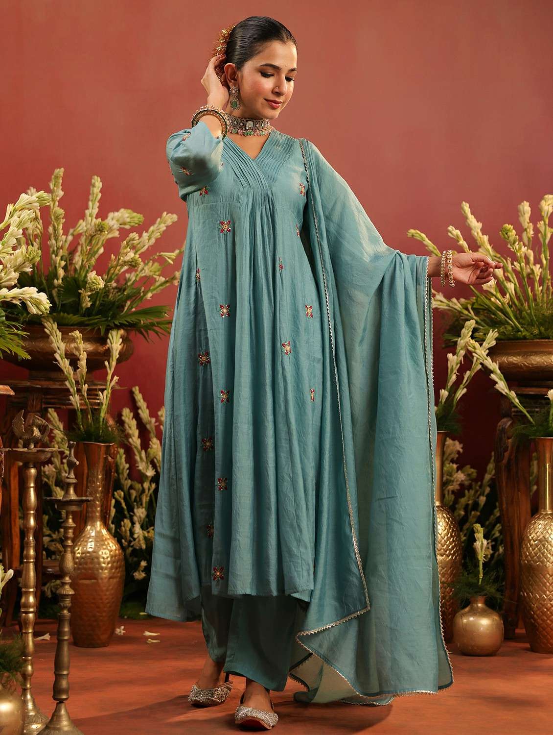 women embroidered three quarter sleeve kurta pant with dupatta set - 22142330 -  Standard Image - 2