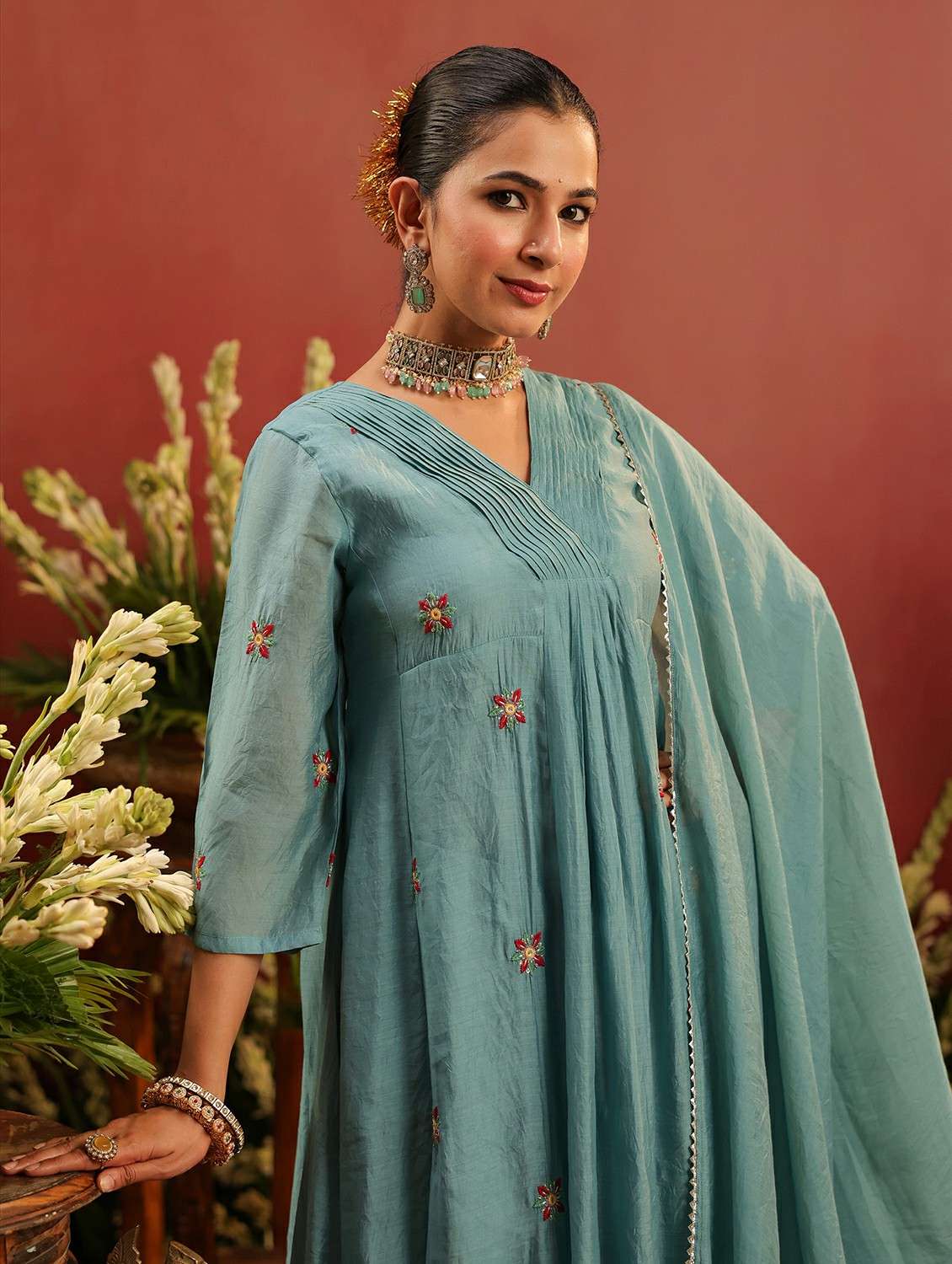 women embroidered three quarter sleeve kurta pant with dupatta set - 22142330 -  Standard Image - 7