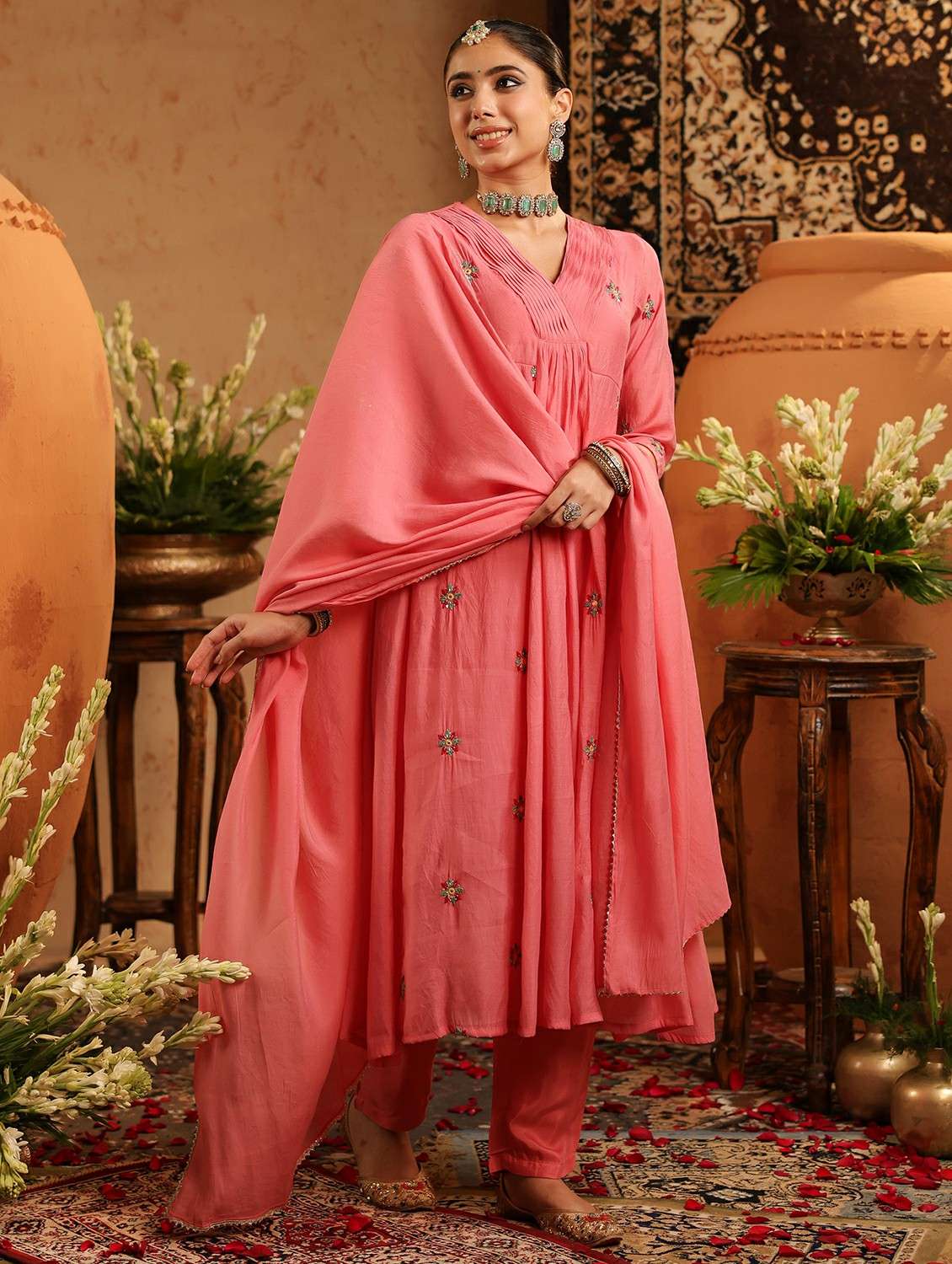 women embroidered three quarter sleeve kurta pant with dupatta set - 22142331 -  Standard Image - 2