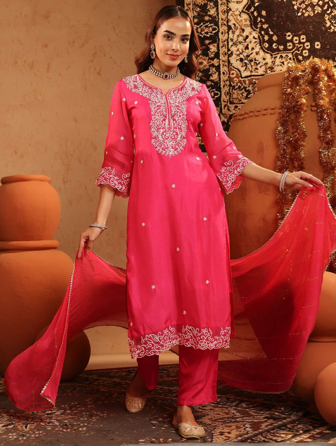 women embroidered three quarter sleeve kurta pant with dupatta set - 22142332 -  Standard Image - 2