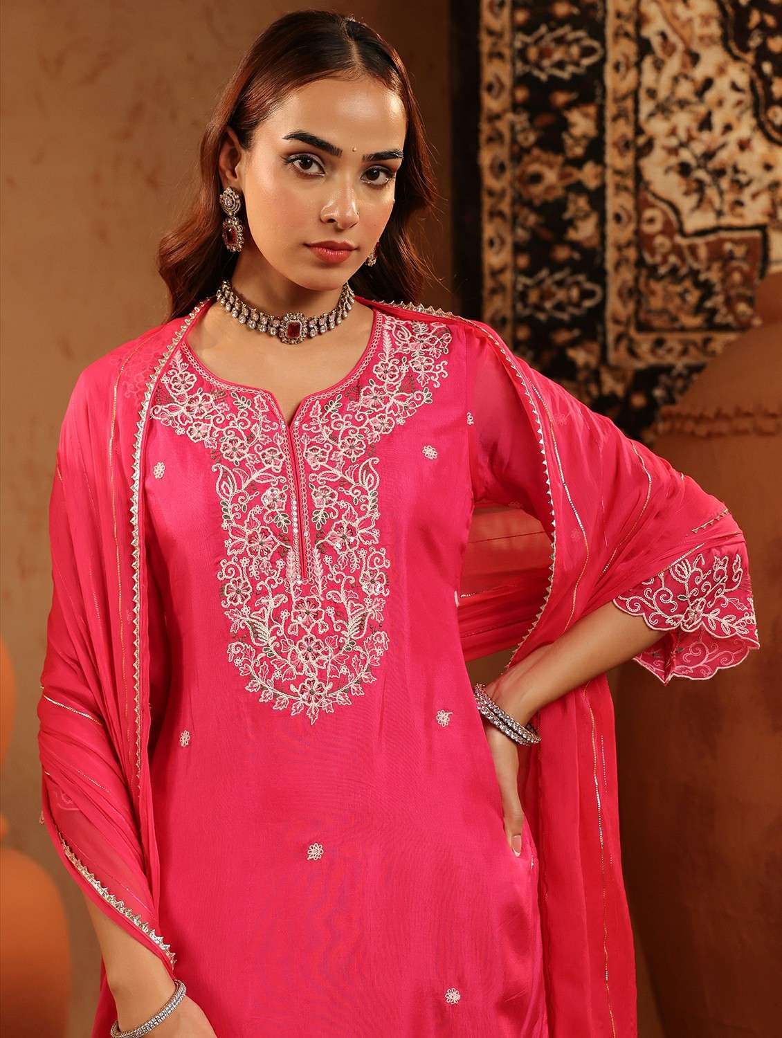 women embroidered three quarter sleeve kurta pant with dupatta set - 22142332 -  Standard Image - 7