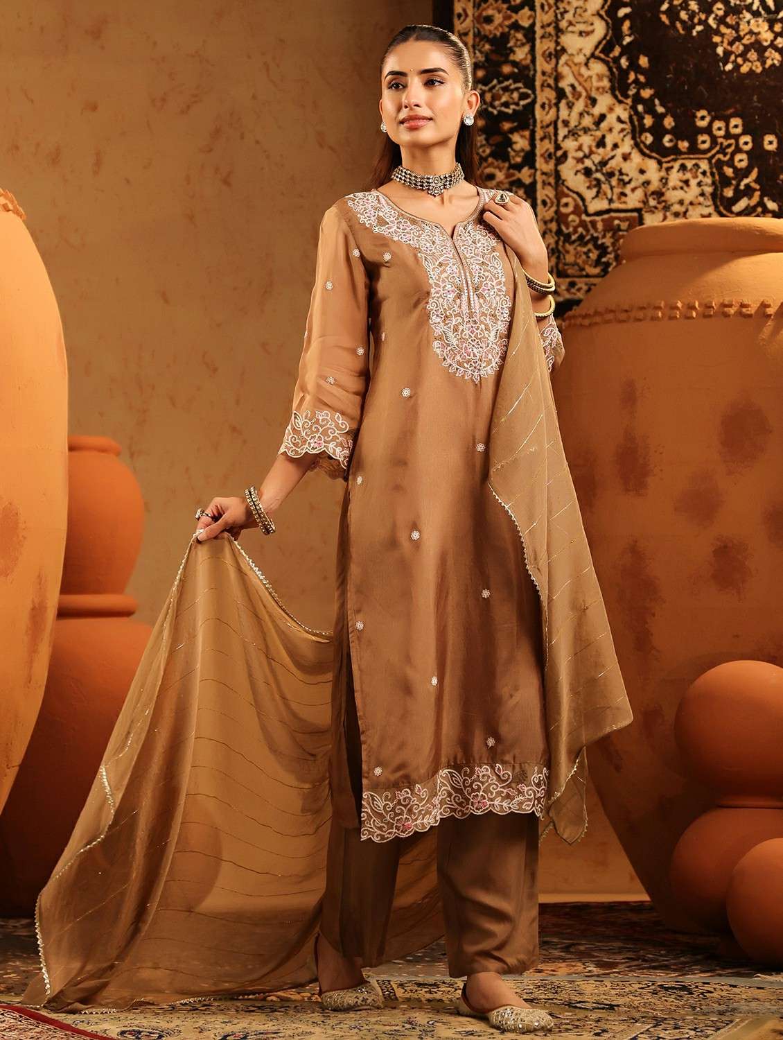 women embroidered three quarter sleeve kurta pant with dupatta set - 22142333 -  Standard Image - 2