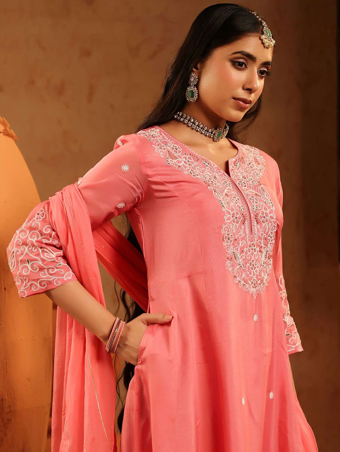 women embroidered three quarter sleeve kurta pant with dupatta set - 22142334 -  Standard Image - 7