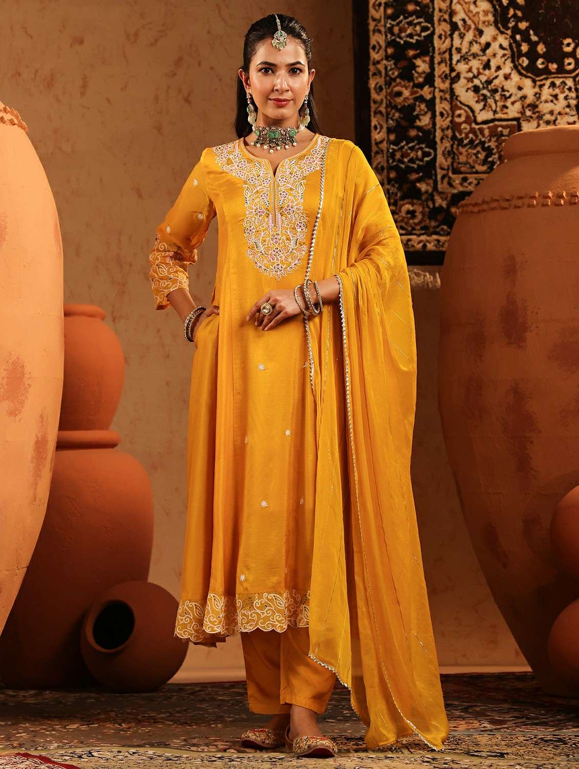women embroidered three quarter sleeve kurta pant with dupatta set