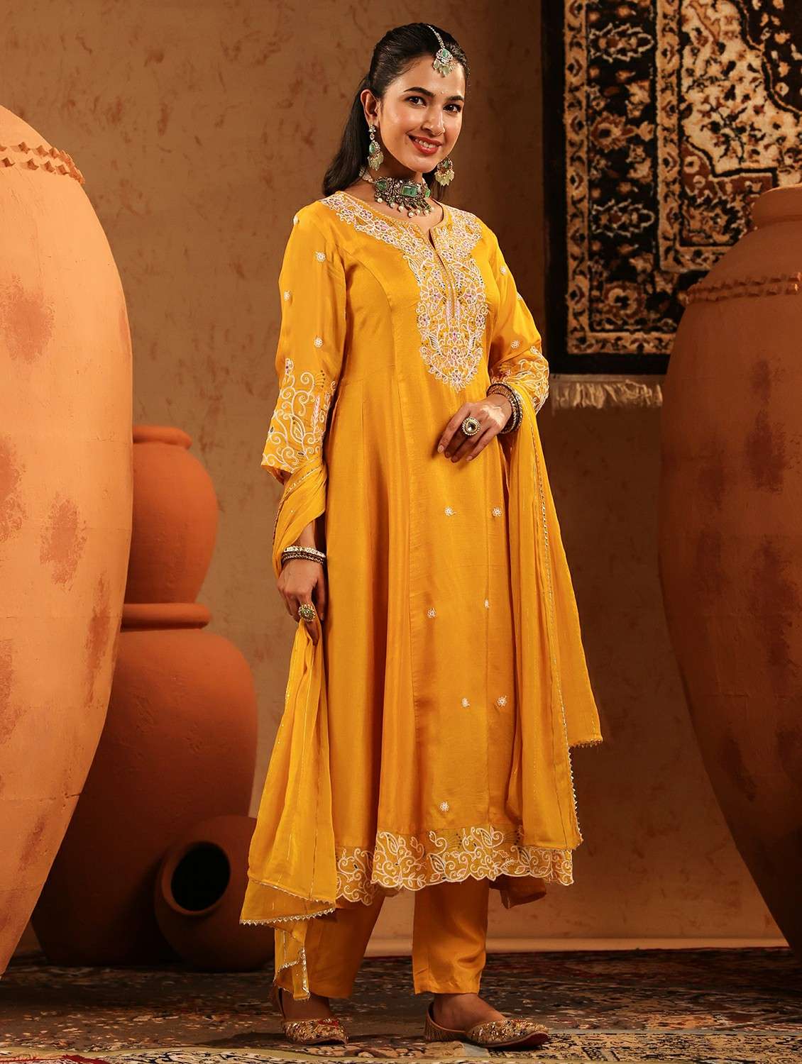 women embroidered three quarter sleeve kurta pant with dupatta set - 22142335 -  Standard Image - 2