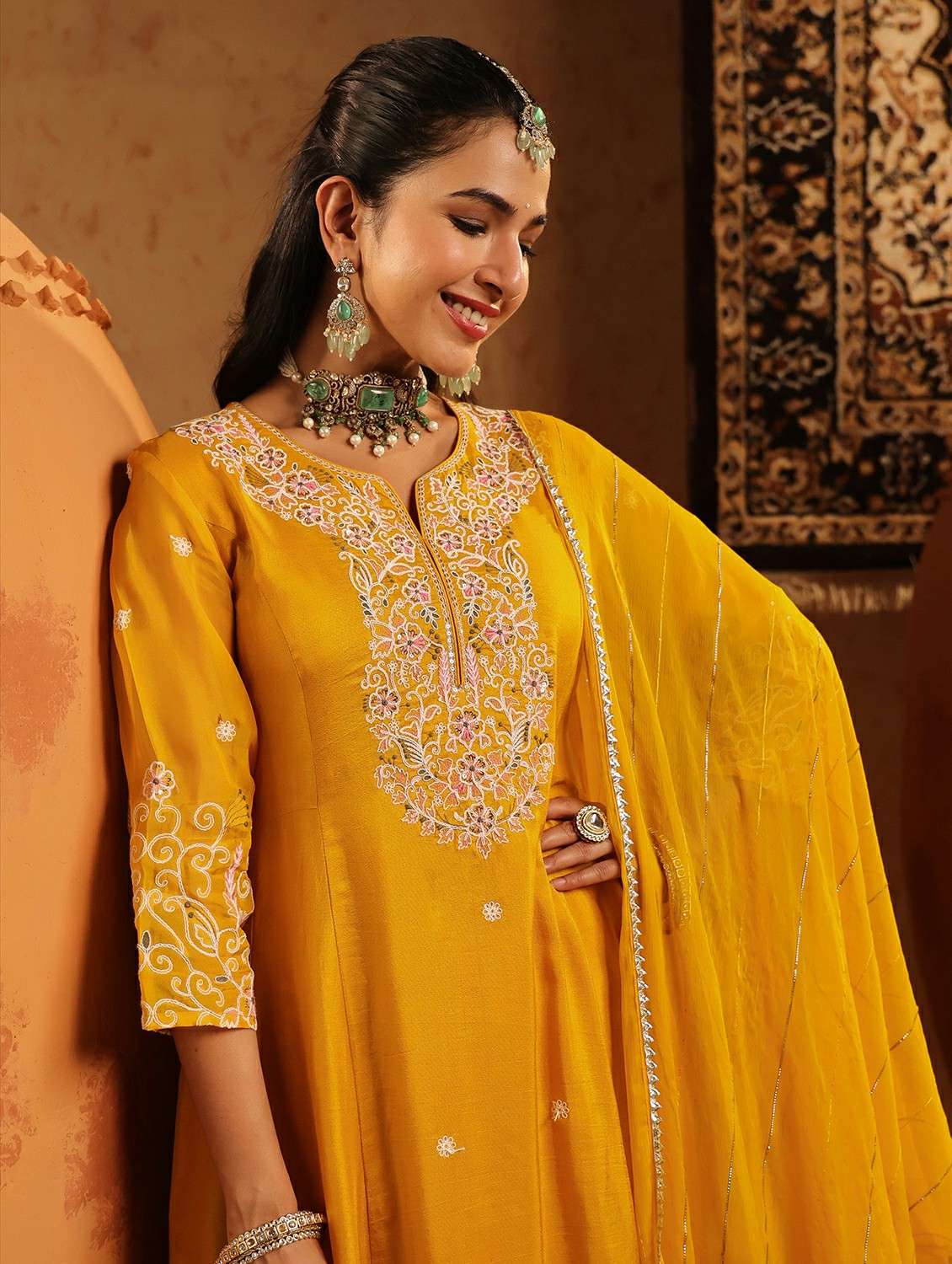 women embroidered three quarter sleeve kurta pant with dupatta set - 22142335 -  Standard Image - 7