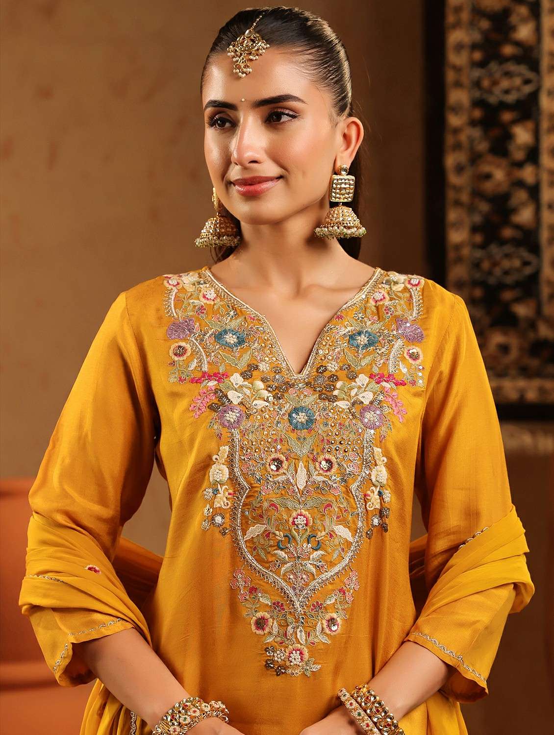 women embroidered three quarter sleeve kurta pant with dupatta set - 22142336 -  Standard Image - 7