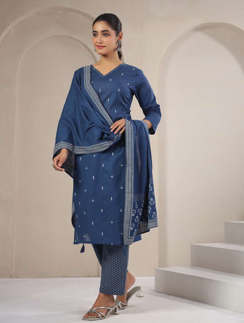 women printed three quarter sleeve kurta pant with dupatta set - 22142379 -  Standard Image - 2
