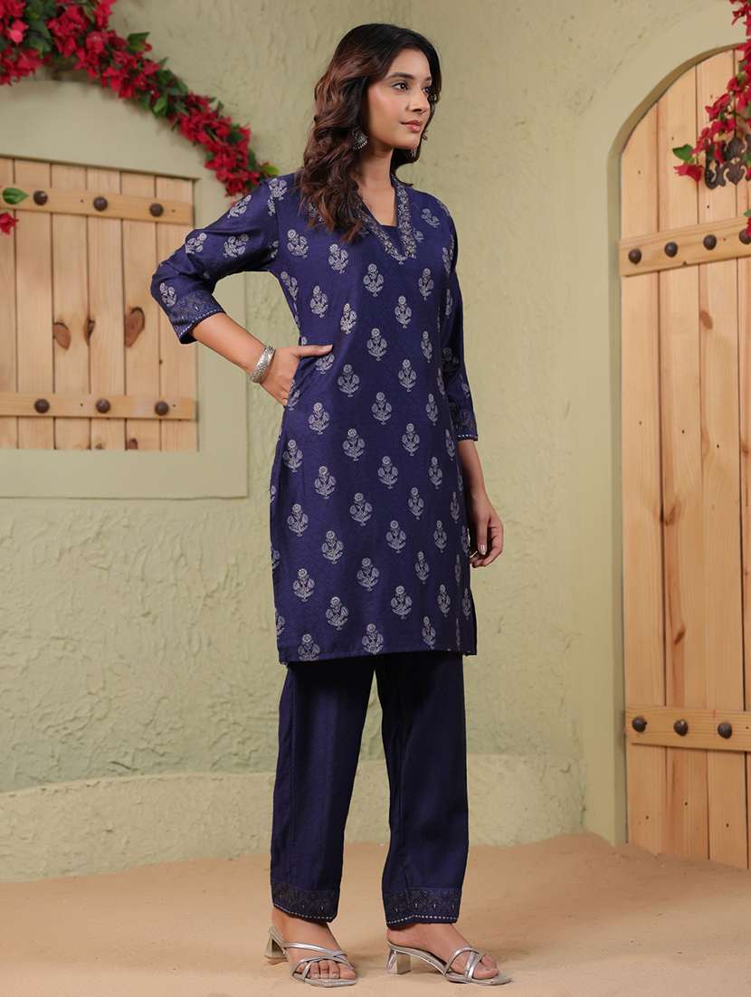 women floral printed three quarter sleeve kurta pant set - 22142384 -  Standard Image - 2
