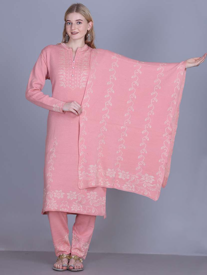 women self design long sleeve kurta pant with dupatta set