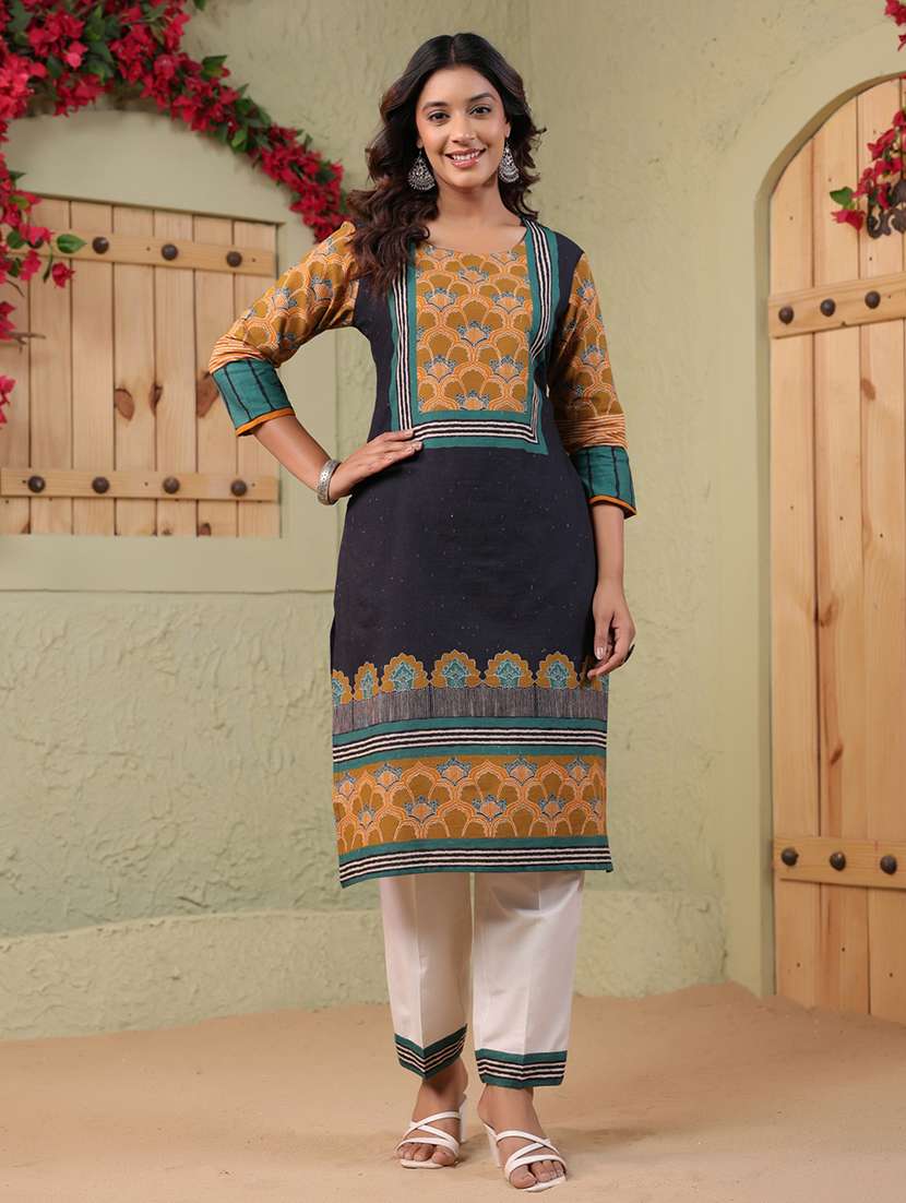 women printed three quarter sleeve kurta pant set - 22142416 -  Standard Image - 2