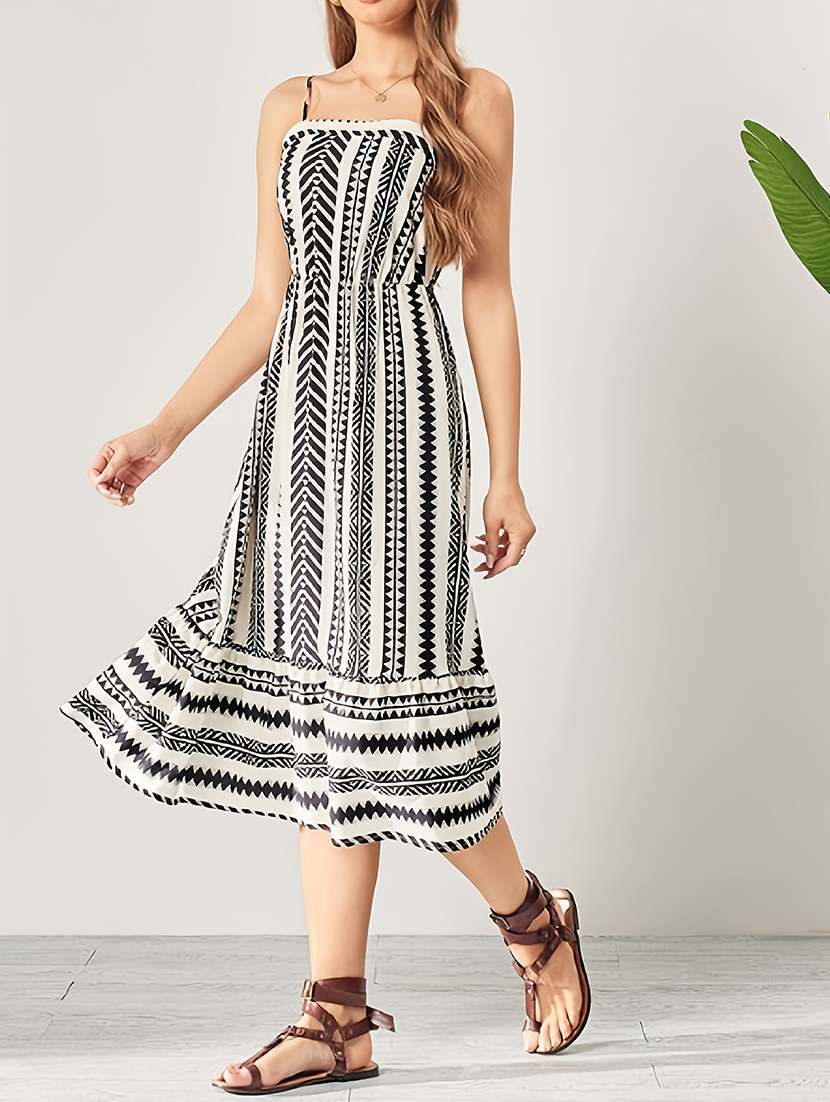 women printed shoulder strap tiered dress - 22142583 -  Standard Image - 2