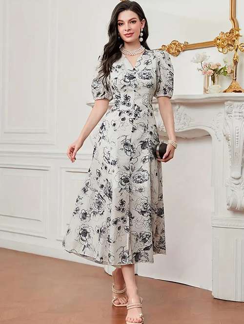 women floral print puff sleeev fit & flare dress - 22142584 - Standard Image - 0